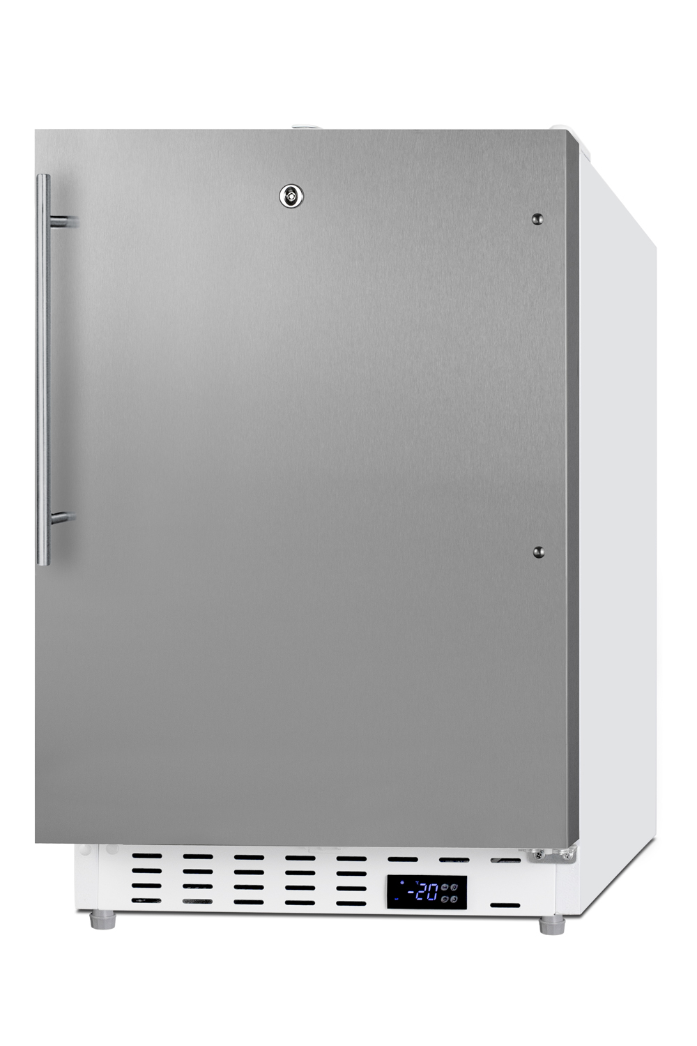 Built-in undercounter -25 C ADA compliant all-freezer with stainless steel front and handle, factory installed lock, digital controls, interior baskets, hospital cord with 'green dot' plug, access port, and manual defrost operation